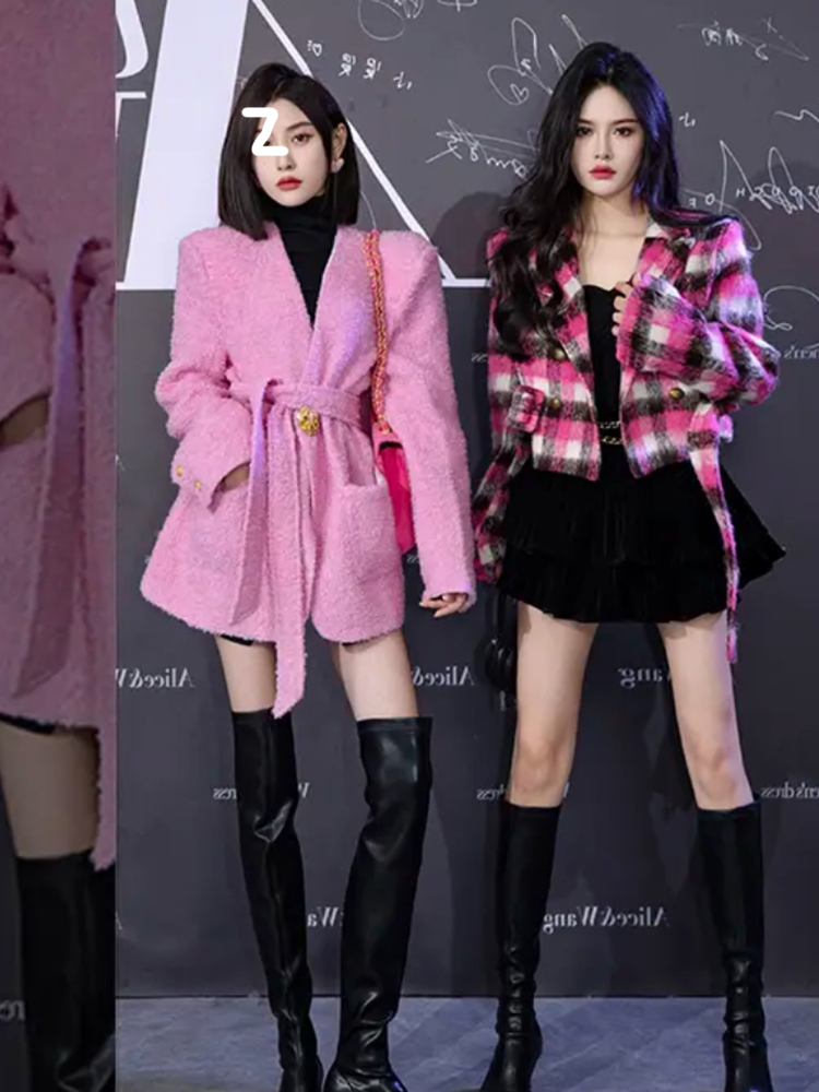 Womens autumn winter v-neck sashes woolen pink color blends coat SML