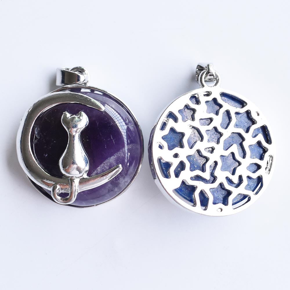 Fashion Cat Moon Pendant for Necklace Round Natural Stone Cute Kitten Lucky Jewelry Fit Women Necklaces Gift