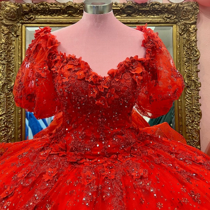 Red Shiny Sweetheart Lace Appliques Quinceanera Dresses Off Shoulder Beaded Ball Gown Princess Birthday Sweet 16 Dress