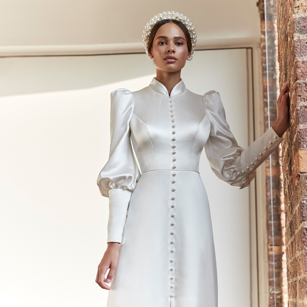 Elegant A Line Satin Evening Dresses Front Slit Button Formal Gown for Bridal Ruched Puffy Sleeve Womens Vestidos De Novia