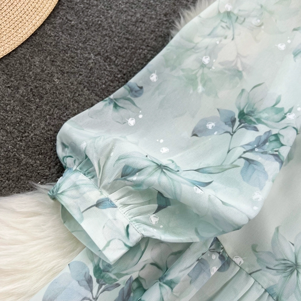 Spring and Autumn French Tea Break Long Skirt Gentle Style Lace Up Waist Show Thin A-line Ruffle Edge Fragmented Chiffon Dress