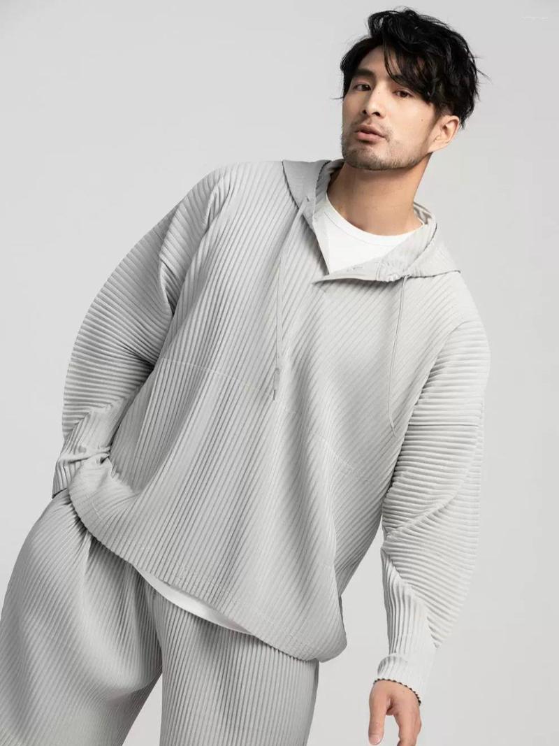 Men's Hoodies Miyake Pleated For Men Black Hoodie 2023 Solid Color Coat Breathable Loose Drawstring Casual Top Man Clothing
