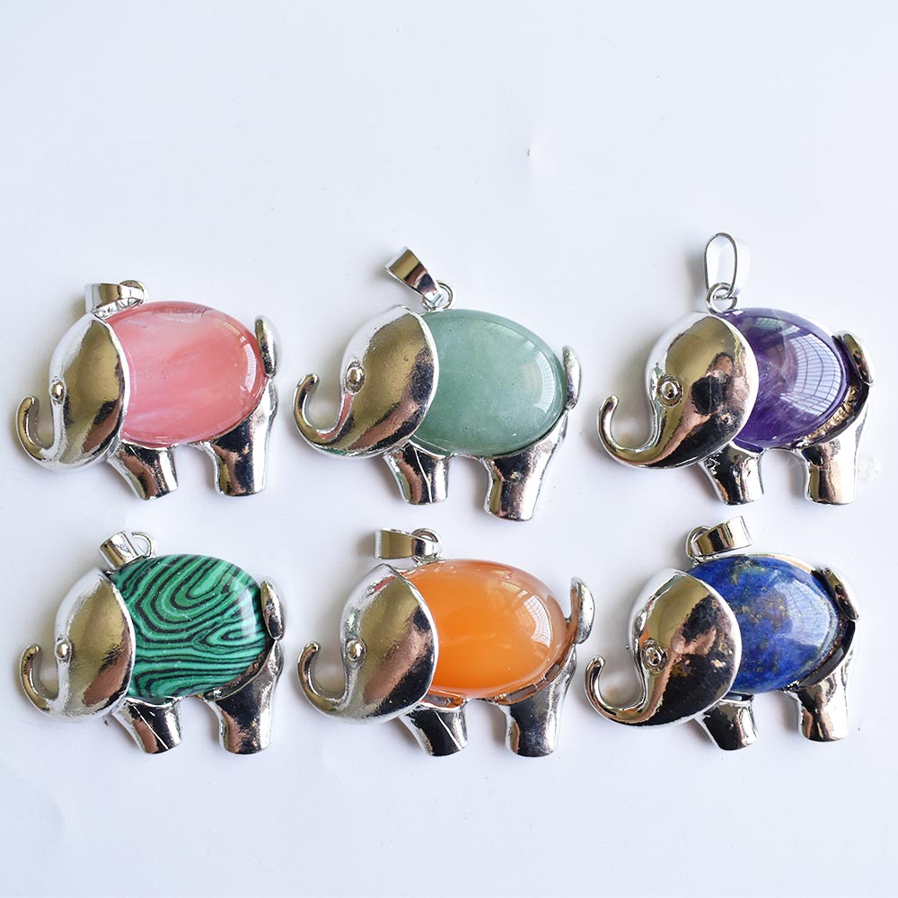 Vintage Natural stone Rose Quartz Pendant Antique Silver Color Animal Elephant Necklace Pendants Charms Jewelry
