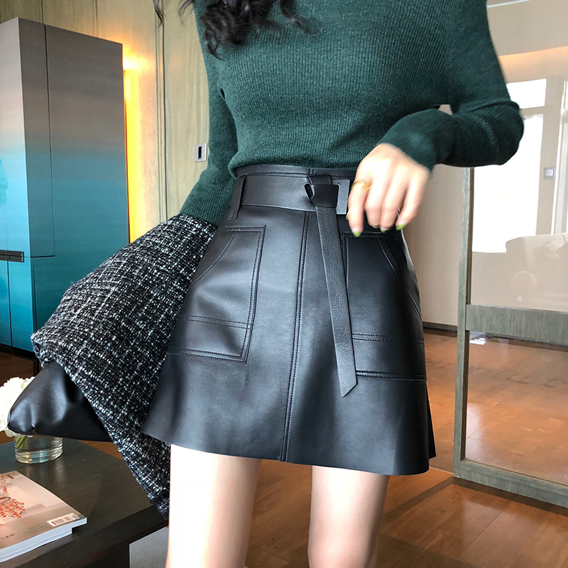 Womens autumn black color PU leather with belt short a-line skirt MLXLXXL3XL