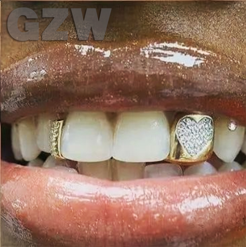 18K Gold Single Grillz Braces Hip Hop Iced Cubic Zirconia Pentagram Teeth Dental Mouth Fang Grills Tooth Cap Halloween Party Vampire Rapper Body Jewel