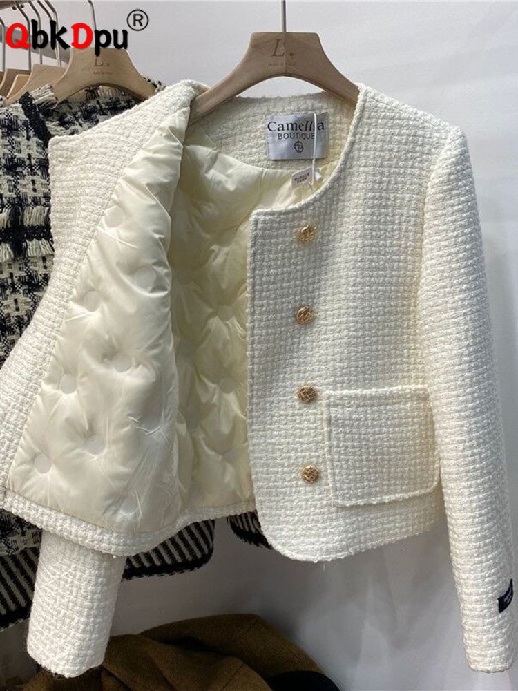 Women's Jackets Winter Tweed Thick Round Neck Jackets Coat Casual Warm Women Double Breasted Chaquetas Casaco Cotton Padded Lined Ceket Abrigo 23
