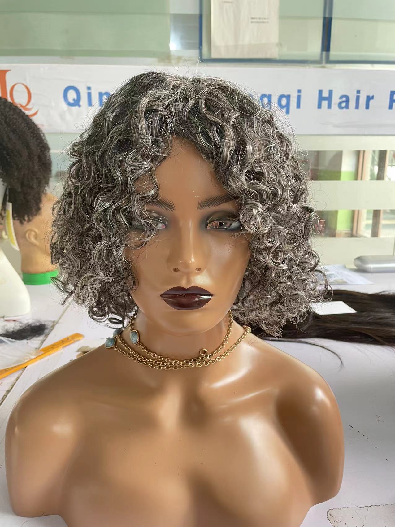 Black mixed grey hair salt&pepper human hair wig softly curly short grey machine made wig glueless silver gray loose wavy