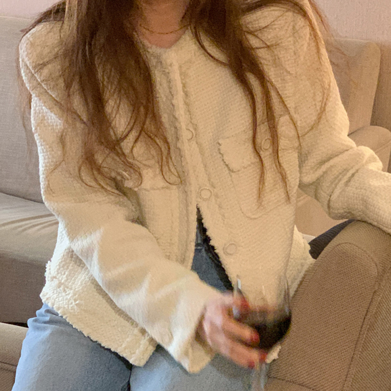 Women's Jackets ONALIPPA Autumn Tweed Coat Women French Elegant Temperament Round Neck Chic Single-Breasted Double-Pocket Long-Sleeved Jacket 230