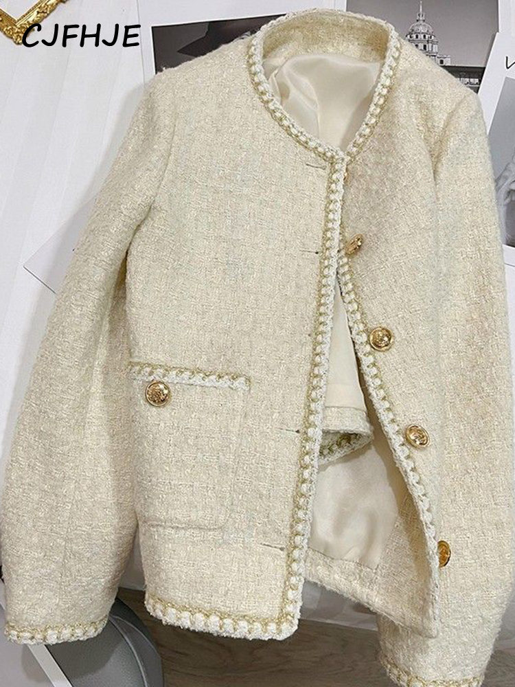 Women's Jackets CJFHJE Elegant Spring Autumn Round Neck Woolen Coats Women Korean Fashion Office Lady Coats Beige Chic Button Short Tweed Jacket 