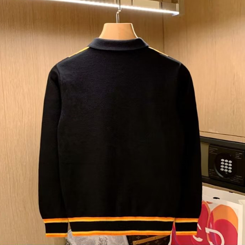 Men's Polos Knitting Shirts Men Classic Striped Jacquard Patchwork Polo Collar Sweater Shirt Tops Fall Vintage Long Sleeve Mens Knit 230912