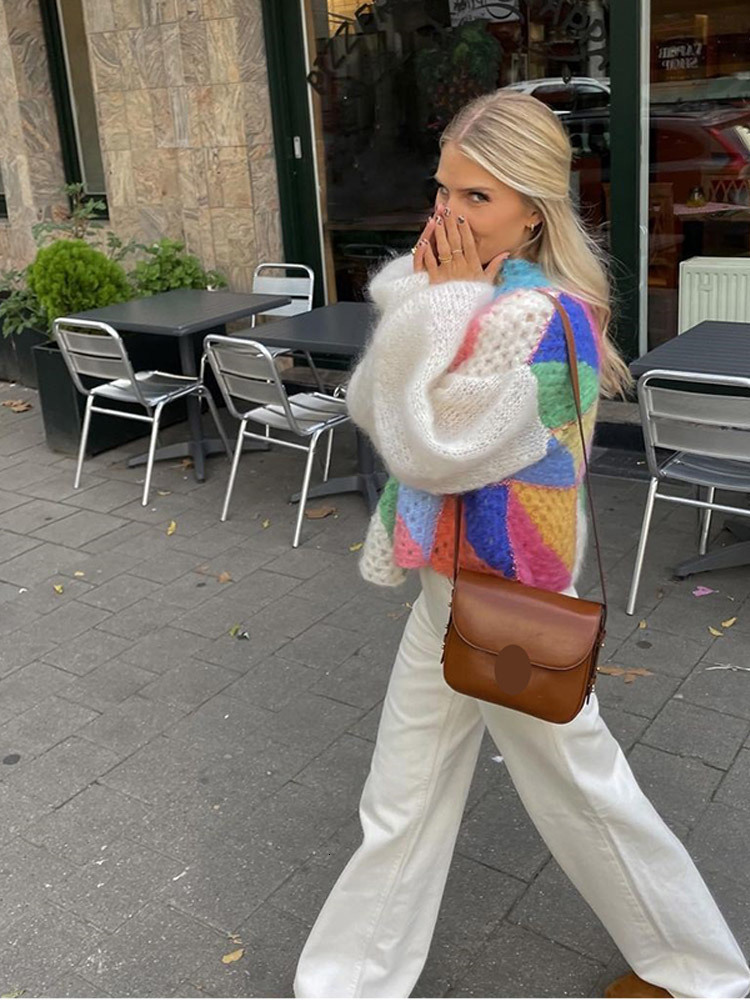 Women's Knits Tees Hollow Out Colorful Kint Cardigan Women Sweater Autumn Long Puff Sleeve Patchwork Female Sweaters Elegant Casual Lady Top 2309