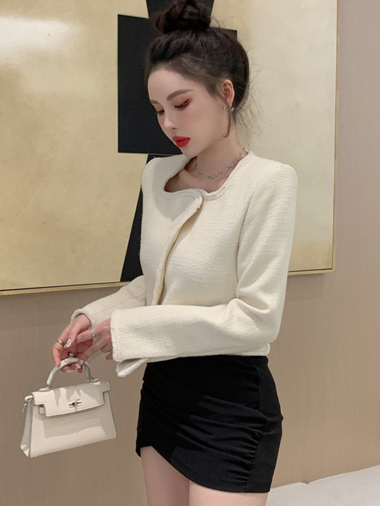 Women's Jackets Autumn Winter Fashion Elegant Women Coat Tweed White Vintage Button Cardigan Short Slim Tops Jacket Blazer Ladies Mujer Outwears 