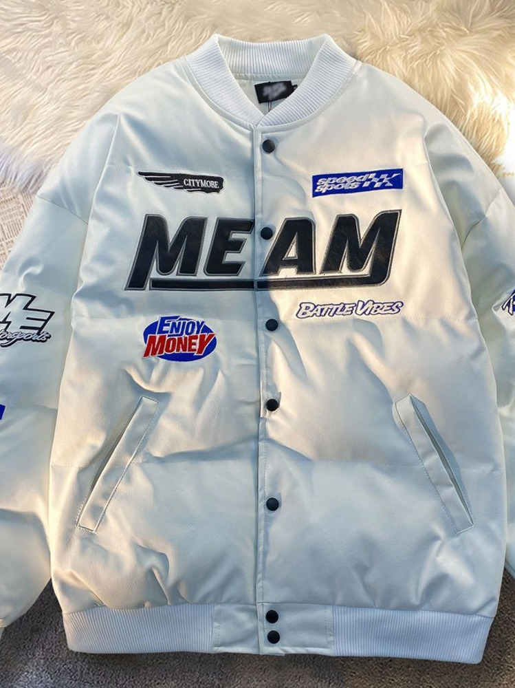 Men's Down Parkas High Street Embroidered Letter PU Puffer Jacket Men Women Y2k Hip Hop Baseball Parkas Winter Thick Padded Coat Warm College Top