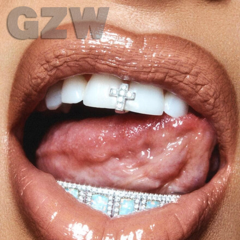 18K Gold Single Grillz Braces Punk Hip Hop CZ Cubic Zirconia Cross Teeth Dental Mouth Fang Grills Tooth Cap Cosplay Halloween Party Vampire Rapper Bod