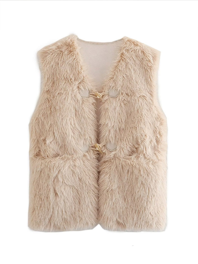 Women's Vests Faux Fur Thicken Vest Women Winter Elegant Plush Sleeveless Horn Button Female Coat Fashion V-neck Casual Loose Lady Tops 230912