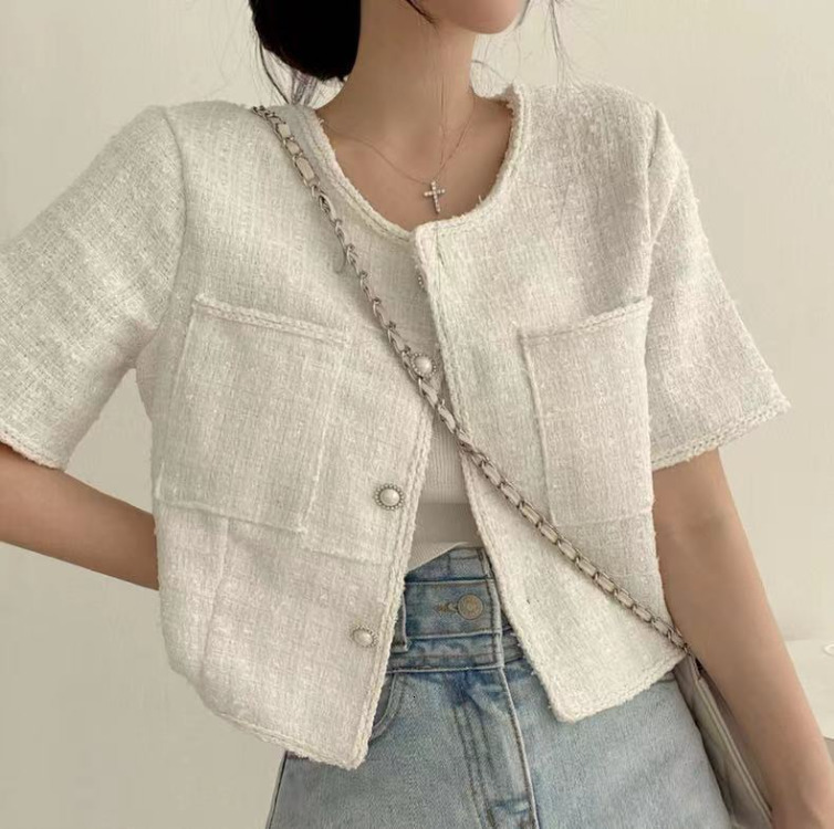 Women's Jackets Korean Chic O-neck Double Pockets Coat Women Summer Pearl Button Double Breasted Jackets Loose Short Sleeve Tweed Jacket 230912