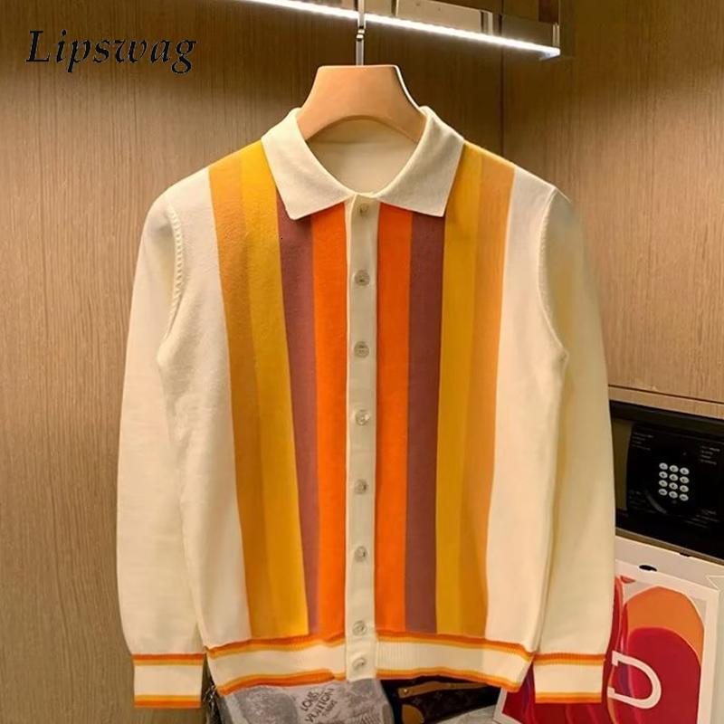 Men's Polos Knitting Shirts Men Classic Striped Jacquard Patchwork Polo Collar Sweater Shirt Tops Fall Vintage Long Sleeve Mens Knit 230912
