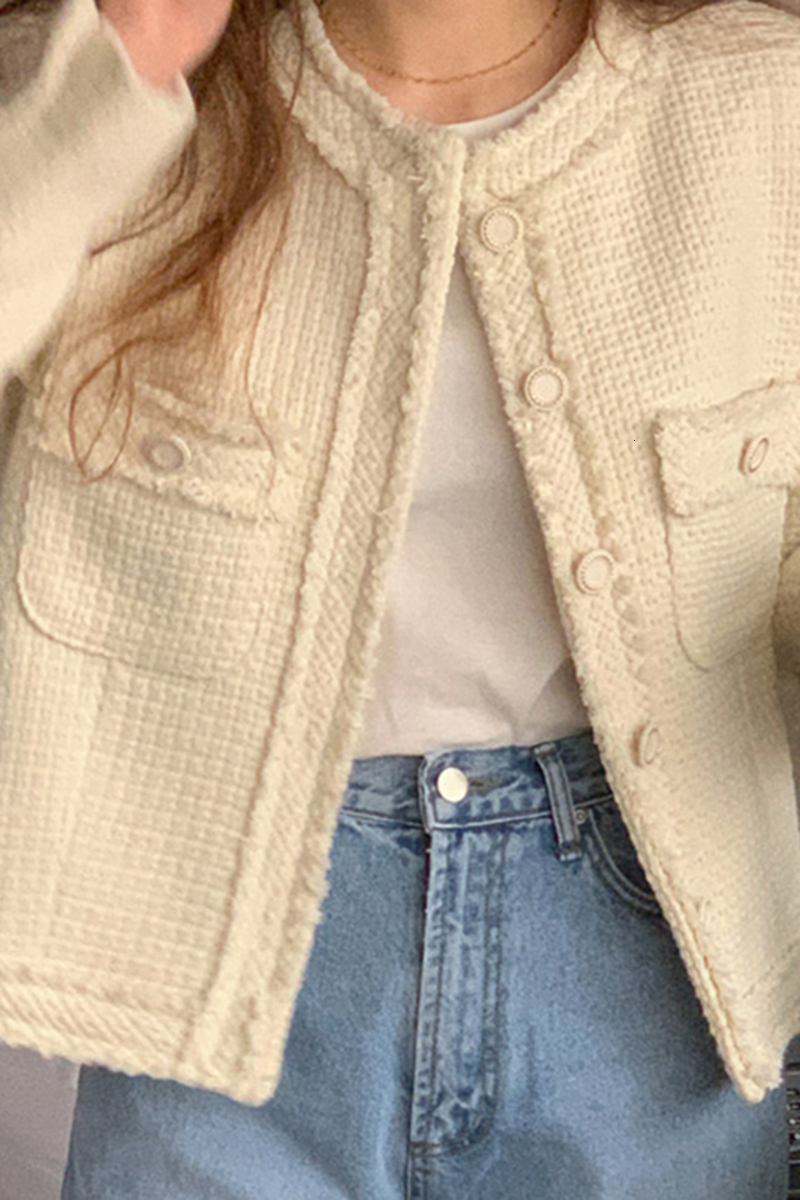 Women's Jackets ONALIPPA Autumn Tweed Coat Women French Elegant Temperament Round Neck Chic Single-Breasted Double-Pocket Long-Sleeved Jacket 230