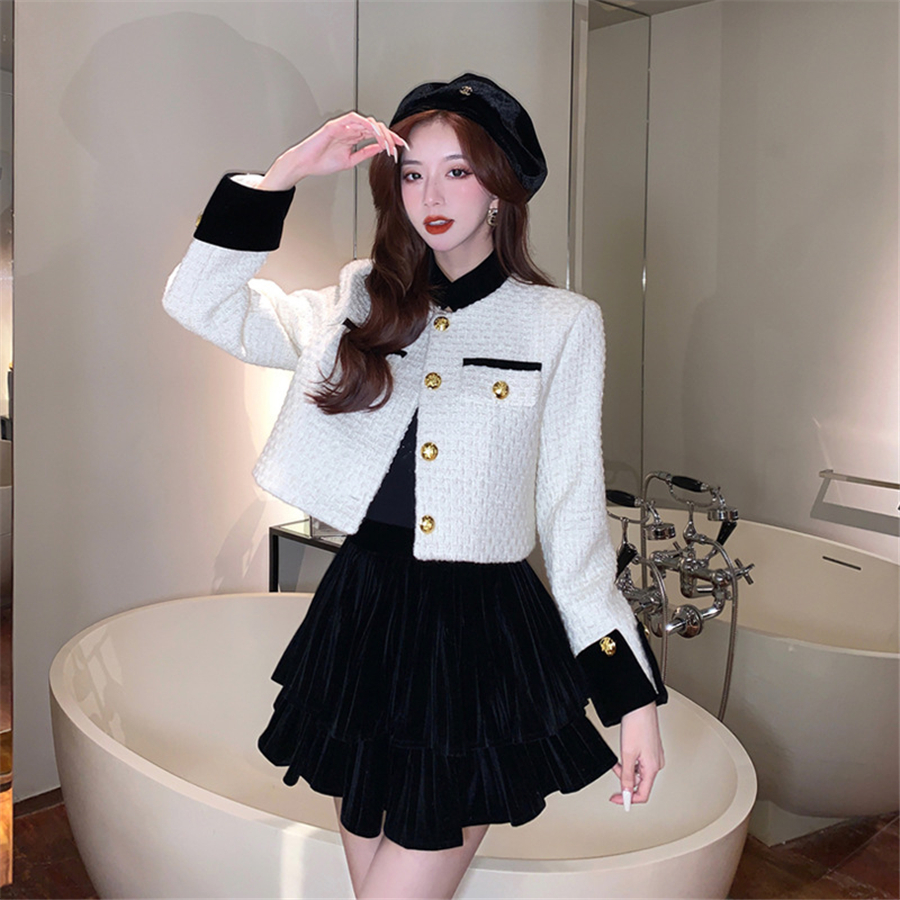 Women's Jackets Korean Spliced Cropped Tweed Jacket Women Spring Single Breasted Streetwear Outerwear Stand Collar Coat Fashion Vintage Chaqueta 