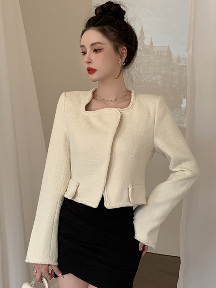Women's Jackets Autumn Winter Fashion Elegant Women Coat Tweed White Vintage Button Cardigan Short Slim Tops Jacket Blazer Ladies Mujer Outwears 