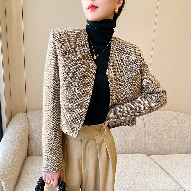 Women's Jackets Lucyever Khaki Short Women Jacket Autumn England Style Simple Tweed Coat Woman Korean Chic Single-Breasted O-Neck Outerwear 23091