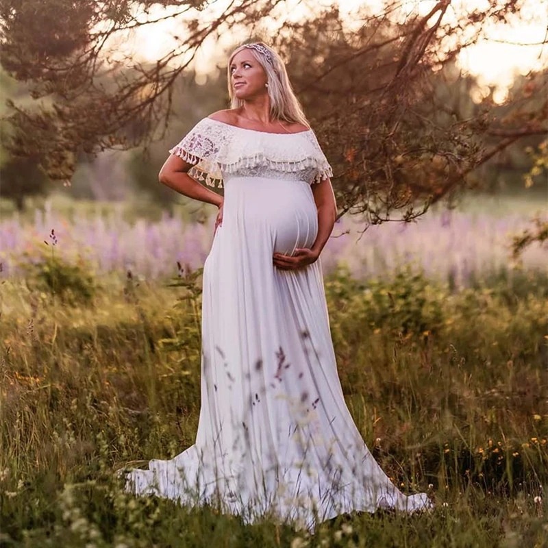 Boho Maternity Dresses Slash Neck Lace Tassels Pregnancy Photography Bohemian Long Dresses