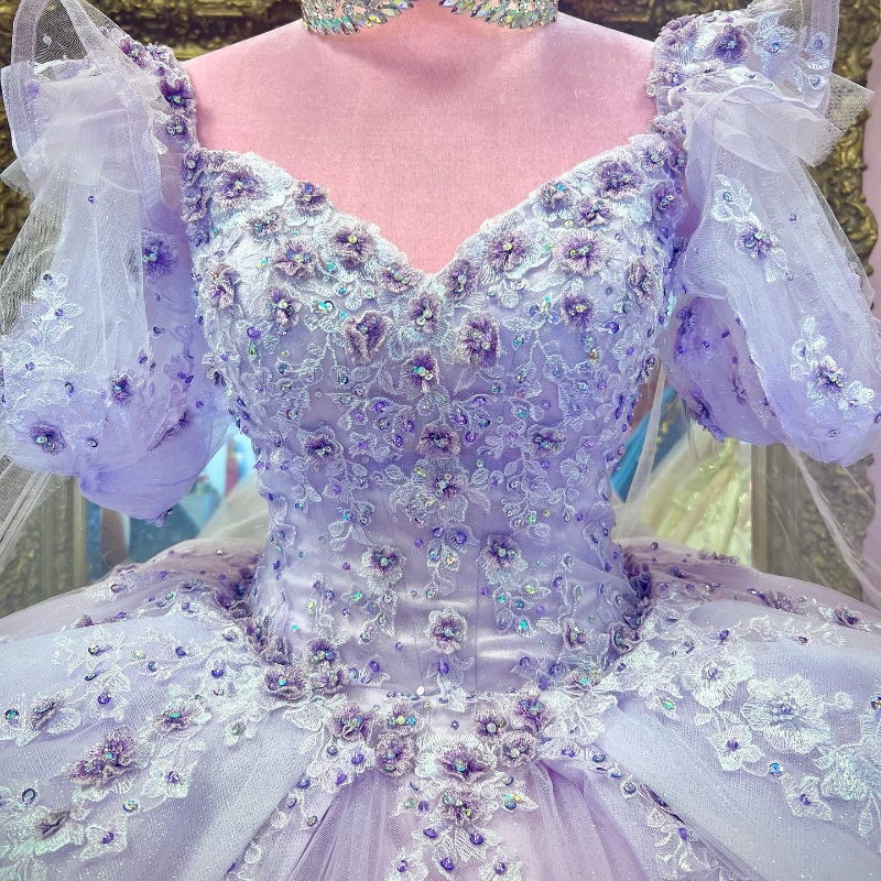 Lavender Sexy V-Neck Quinceanera Dress Sweet 2024 Off Shoulder Applique Lace wer Tull Vestidos De 15 Anos Ball Gown