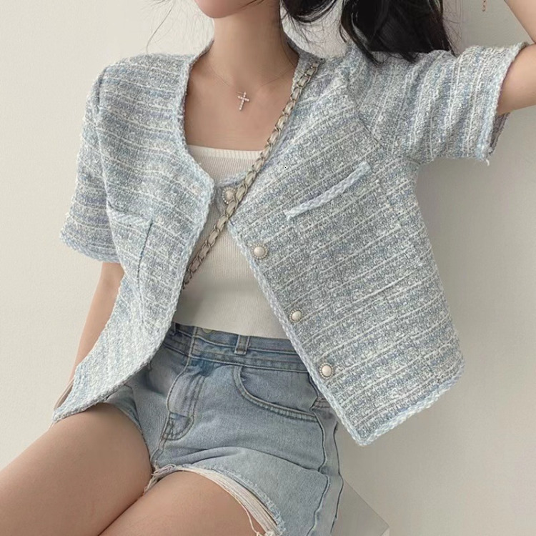 Women's Jackets Korean Chic O-neck Double Pockets Coat Women Summer Pearl Button Double Breasted Jackets Loose Short Sleeve Tweed Jacket 230912