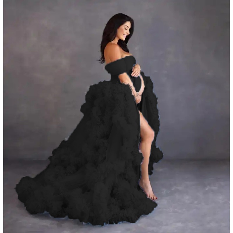 Dusty Blue Maternity Dresses for Photography Elegant Ruffled Tulle Photoshoot Dress Women Sweetheart Maxi Gown