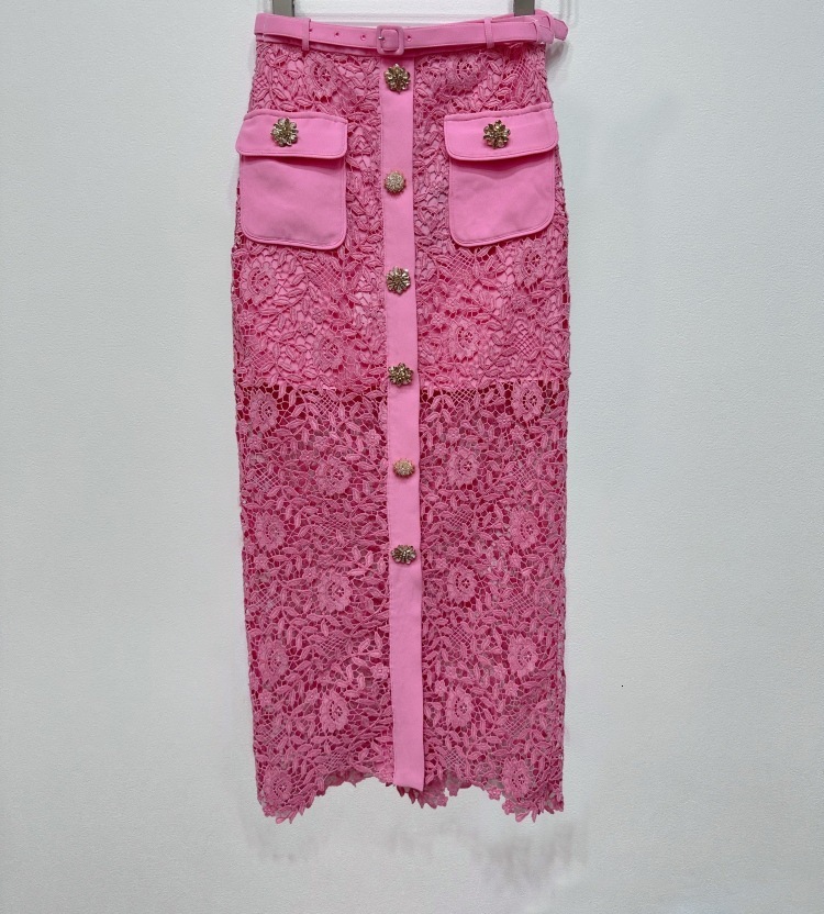 Women's Knits Tees Spring/Summer Women Heavy Work Button Decoration Pink Lace Hollow Top Cardigan/Same High Waist Skirt 230912