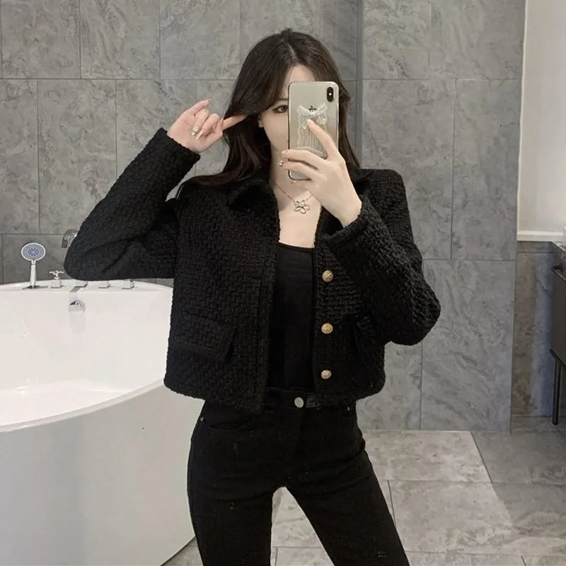 Women's Jackets Black Vintage Lapel Cropped Tweed Jackets Korean Trend Single Breasted Wool Blend Coats Elegant Slim Casacos Classics Outerwear 2