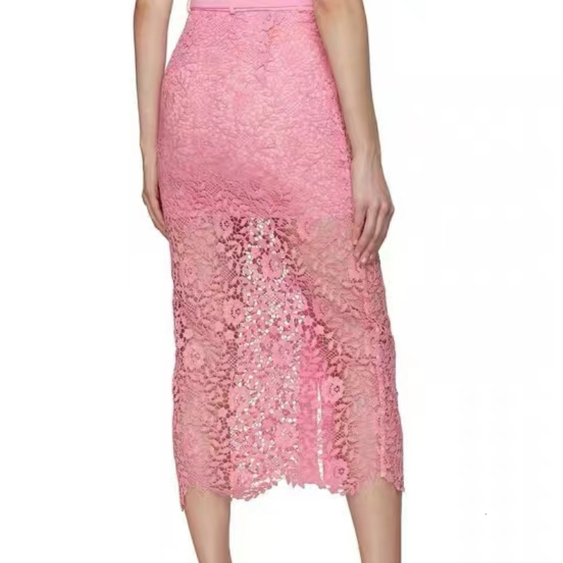 Women's Knits Tees Spring/Summer Women Heavy Work Button Decoration Pink Lace Hollow Top Cardigan/Same High Waist Skirt 230912