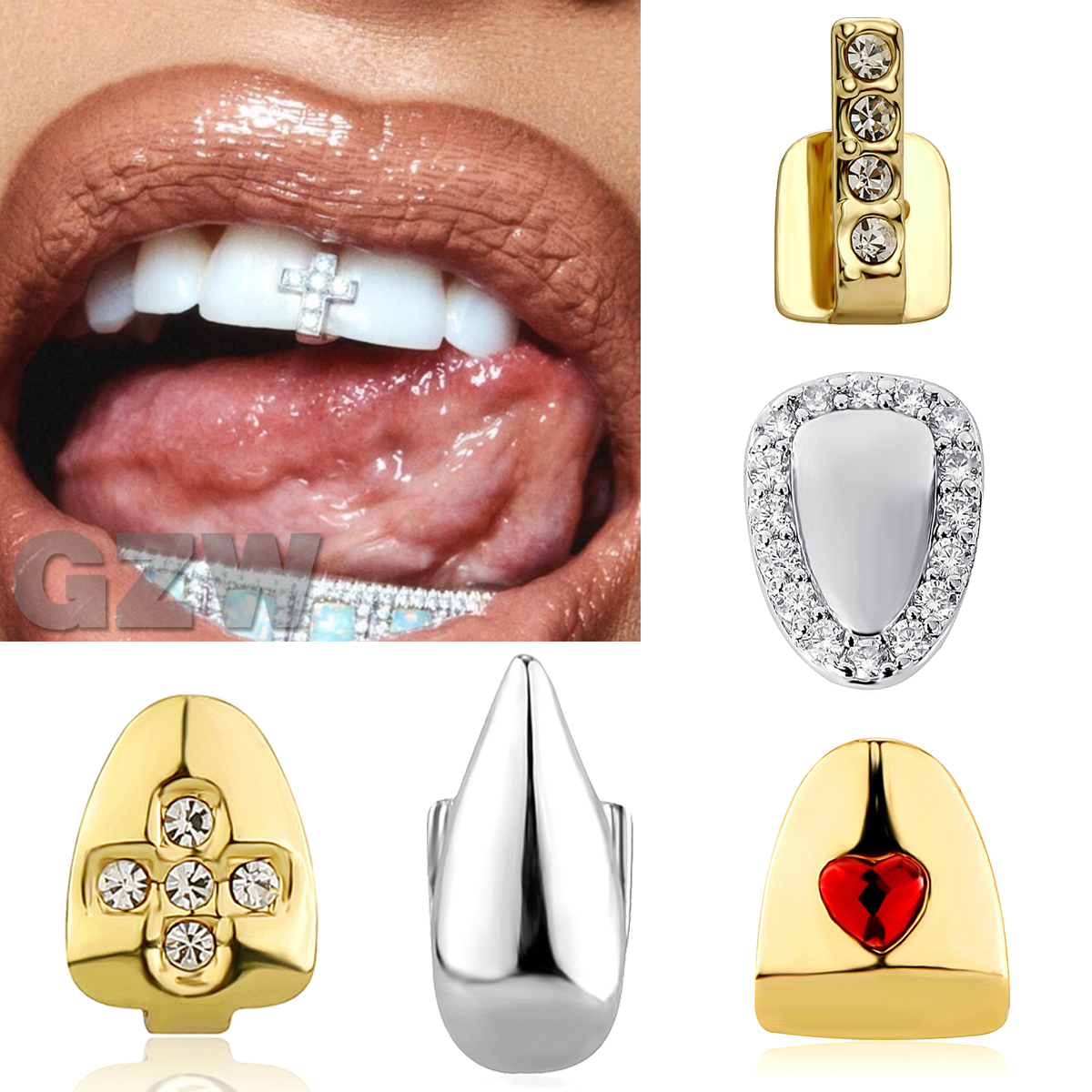 18K Gold Single Grillz Braces Punk Hip Hop CZ Cubic Zirconia Cross Teeth Dental Mouth Fang Grills Tooth Cap Cosplay Halloween Party Vampire Rapper Bod