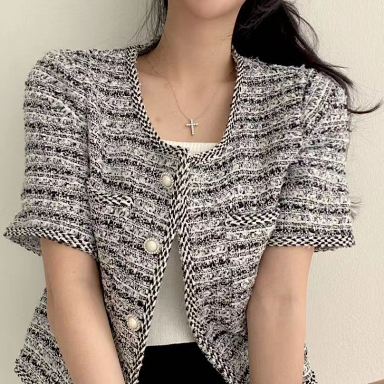 Women's Jackets Korean Chic O-neck Double Pockets Coat Women Summer Pearl Button Double Breasted Jackets Loose Short Sleeve Tweed Jacket 230912
