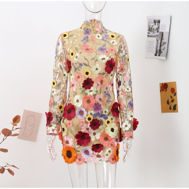 Casual Dresses Floral Embroidery Elegant Luxury Women Mini Dress Half High Collar Long Sleeve Spring Evening Party Lady Vestido
