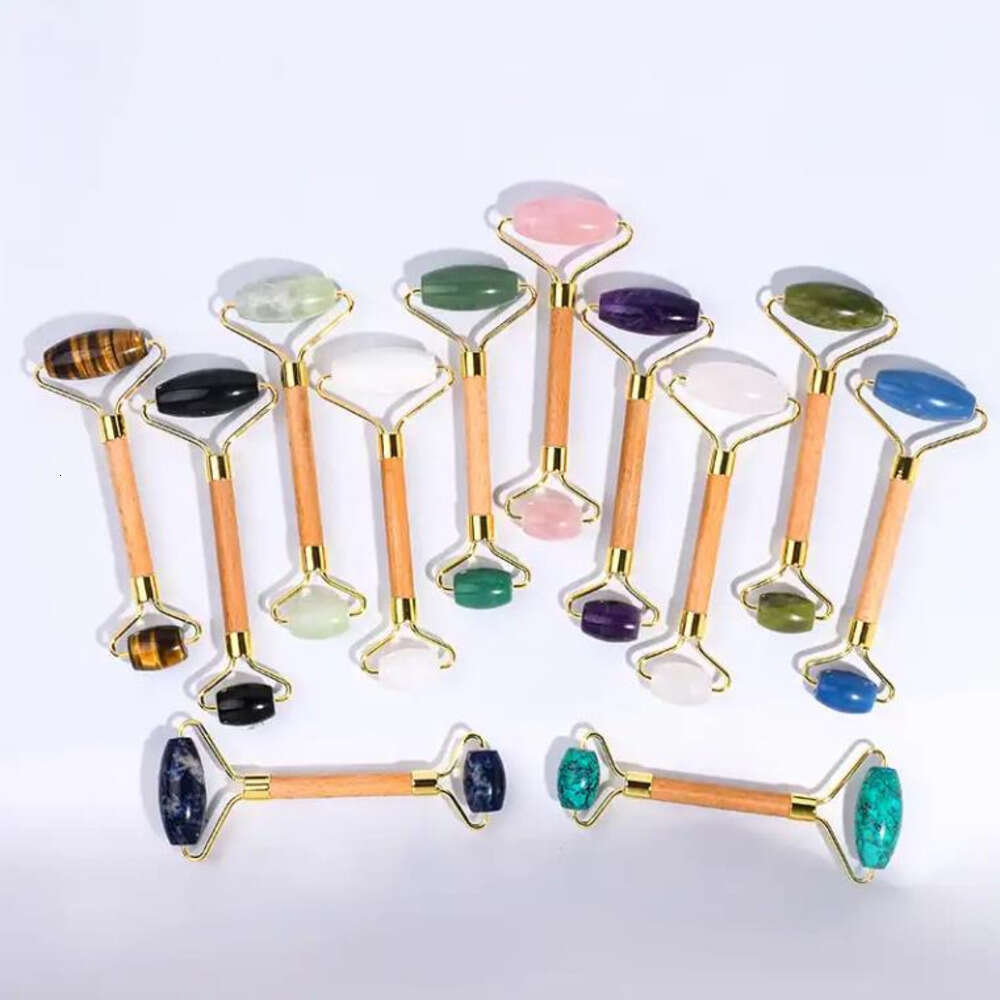 Beauty Rose Quartz Face Roller Face Care Tools Wooden Handle Jade Double Heads Facial Massage Roller Healing Stone Health Crystal Massager