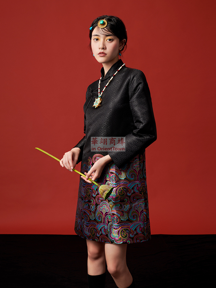 Nepal Tibet Trend Clothing Improved Ethnic Tang Suit Style Robe Girl Traditional Black Cheongsam Tibetan Areas Daily Gown Wear