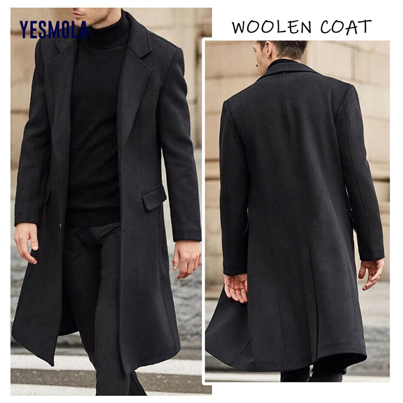 Men's Wool Blends YESMOLA Autumn Winter Mens Coat Solid Long Sleeve Woolen Jackets Fleece Men Overcoat Streetwear Fashion Long Trench Outerwear 2