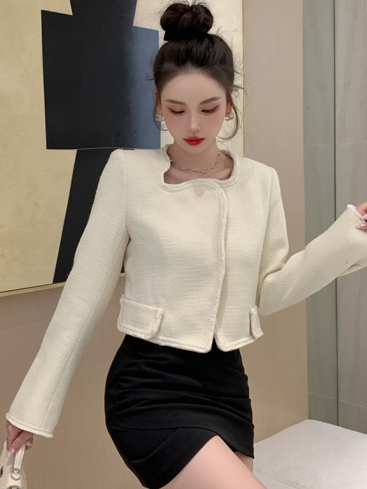 Women's Jackets Autumn Winter Fashion Elegant Women Coat Tweed White Vintage Button Cardigan Short Slim Tops Jacket Blazer Ladies Mujer Outwears 