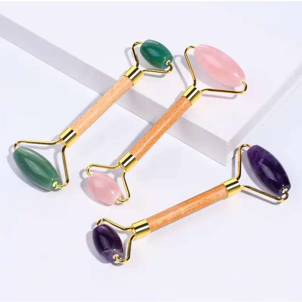 Beauty Rose Quartz Face Roller Face Care Tools Wooden Handle Jade Double Heads Facial Massage Roller Healing Stone Health Crystal Massager