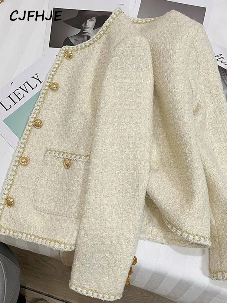 Women's Jackets CJFHJE Elegant Spring Autumn Round Neck Woolen Coats Women Korean Fashion Office Lady Coats Beige Chic Button Short Tweed Jacket 