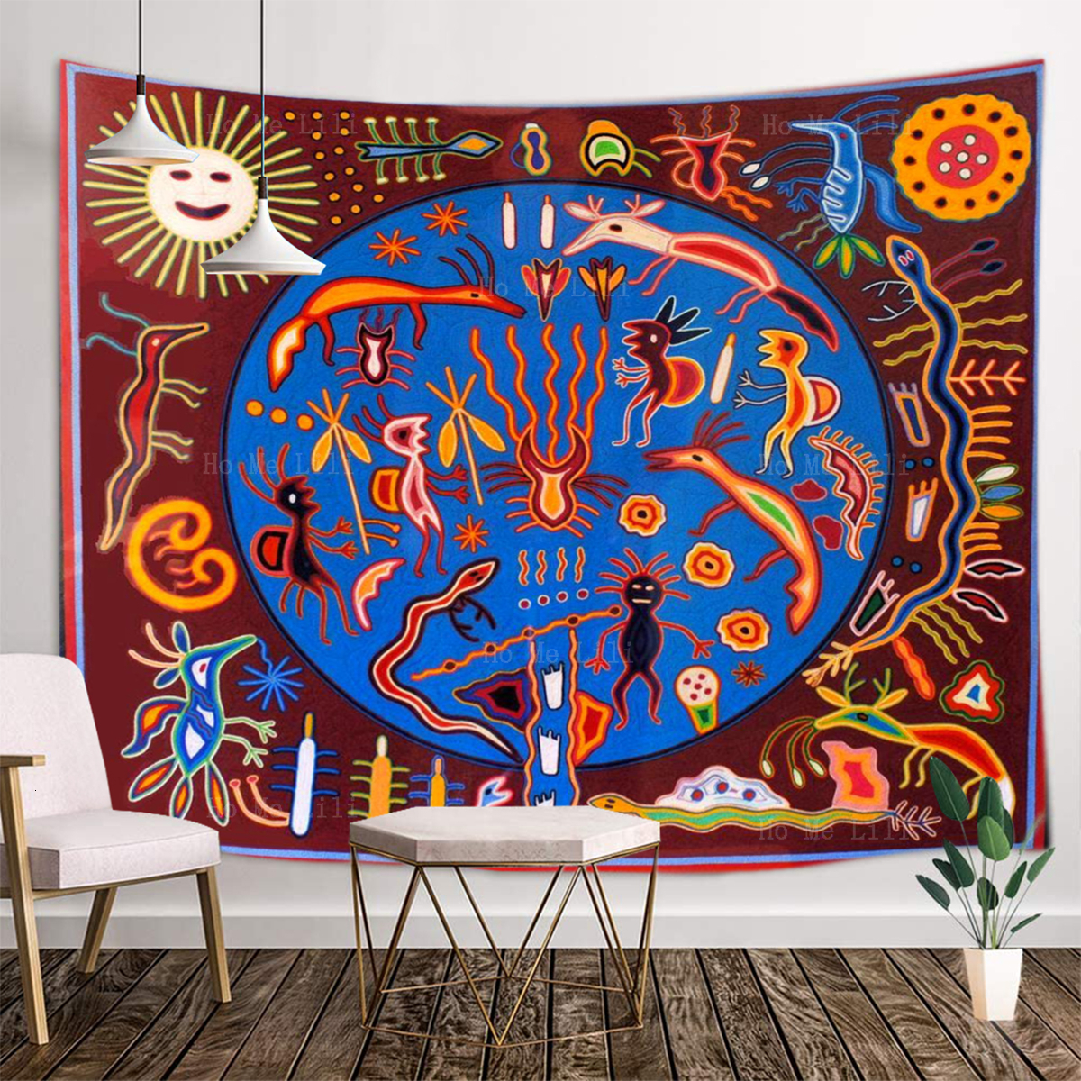 Tapestries Sun Moon Huichol Art Yarn Paintings Traditional Folk Shaman Religion Mexican Native Tapestry By Ho Me Lili For Wall Decor 230912