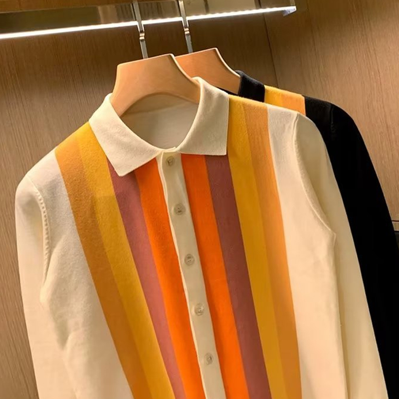 Men's Polos Knitting Shirts Men Classic Striped Jacquard Patchwork Polo Collar Sweater Shirt Tops Fall Vintage Long Sleeve Mens Knit 230912