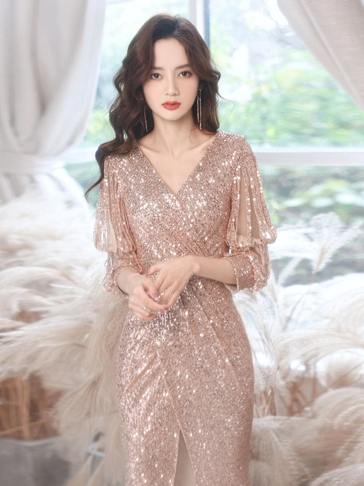 Modest Shiny Long Mother Of The Bride Dresses V Neck Evening For Wedding Guest Dress Sequins Mermaid Elegant Formal Party Prom Gowns 403