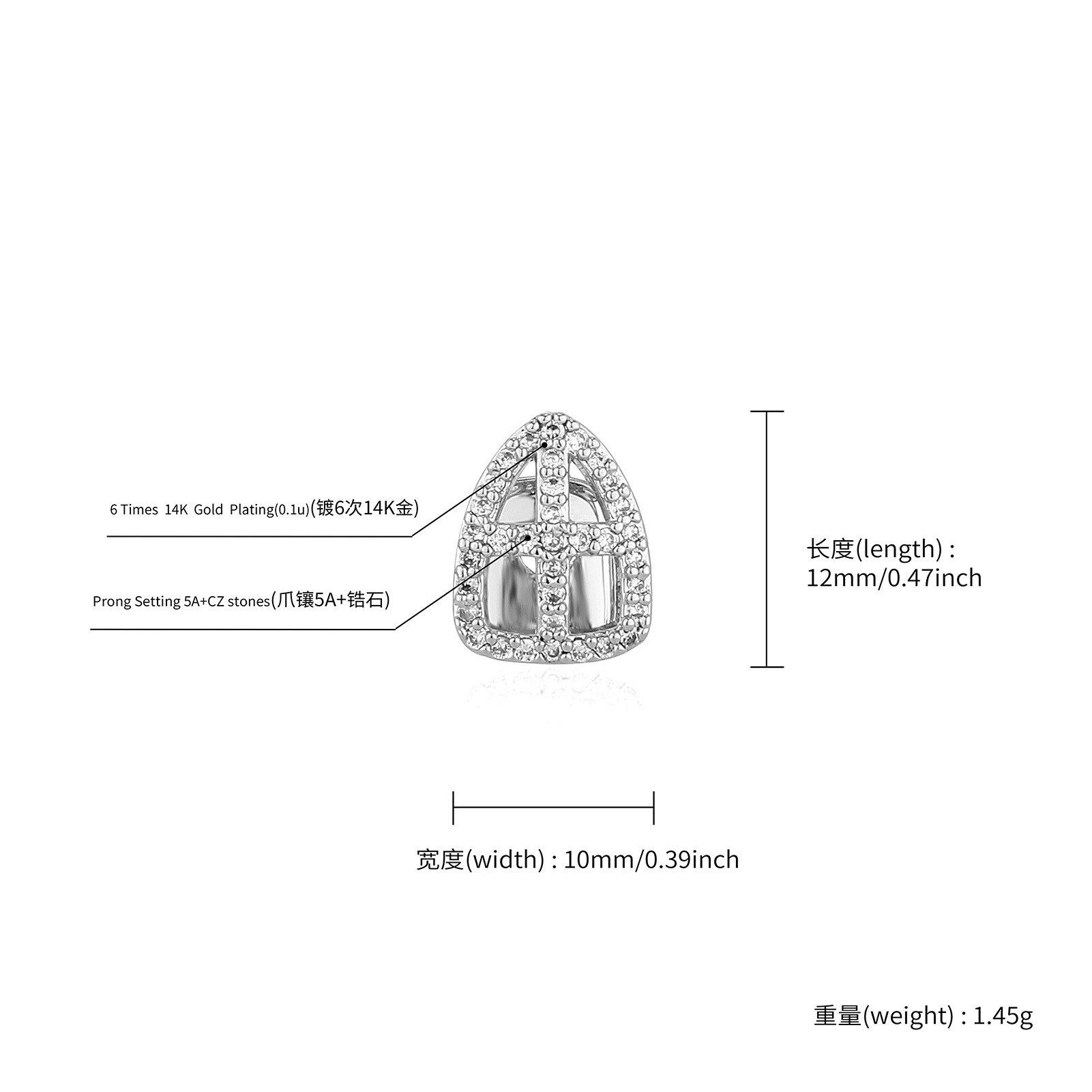 18K Gold Single Grillz Braces Hip Hop Iced Cubic Zirconia Pentagram Teeth Dental Mouth Fang Grills Tooth Cap Halloween Party Vampire Rapper Body Jewel