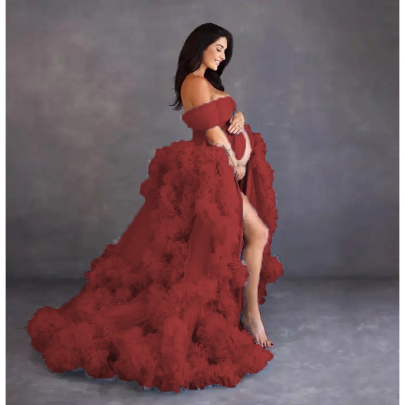 Dusty Blue Maternity Dresses for Photography Elegant Ruffled Tulle Photoshoot Dress Women Sweetheart Maxi Gown