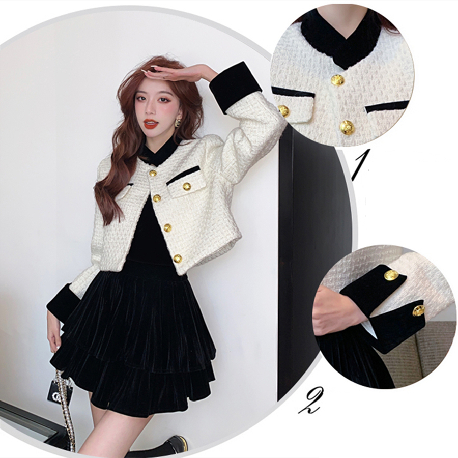 Women's Jackets Korean Spliced Cropped Tweed Jacket Women Spring Single Breasted Streetwear Outerwear Stand Collar Coat Fashion Vintage Chaqueta 
