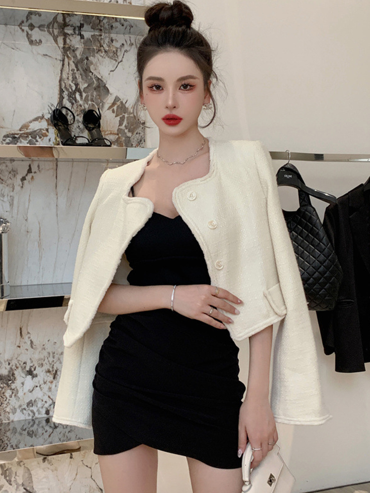 Women's Jackets Autumn Winter Fashion Elegant Women Coat Tweed White Vintage Button Cardigan Short Slim Tops Jacket Blazer Ladies Mujer Outwears 