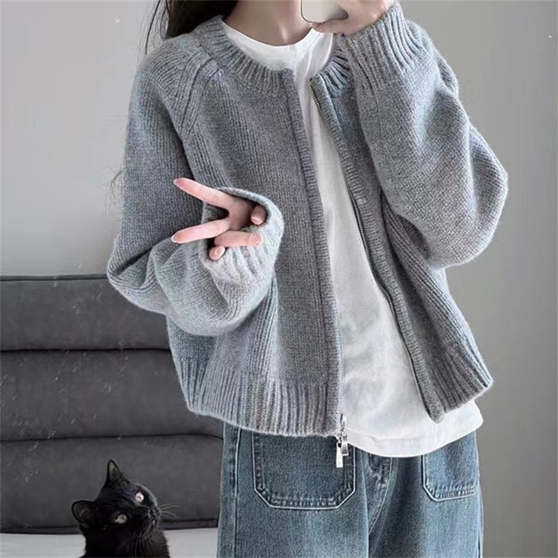 Women's Knits Tees Gray Sweater Outerwear Autumn Women clothes Retro Idle Sle Knit cardigan Thickened Long sleeve Short Jacket