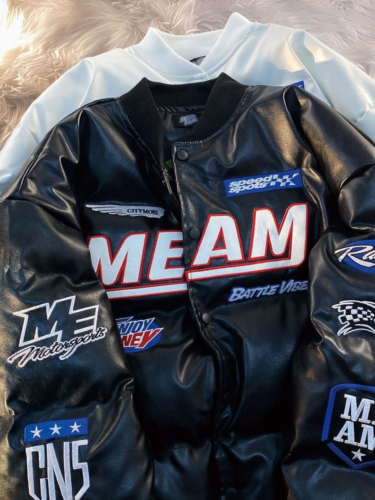 Men's Down Parkas High Street Embroidered Letter PU Puffer Jacket Men Women Y2k Hip Hop Baseball Parkas Winter Thick Padded Coat Warm College Top